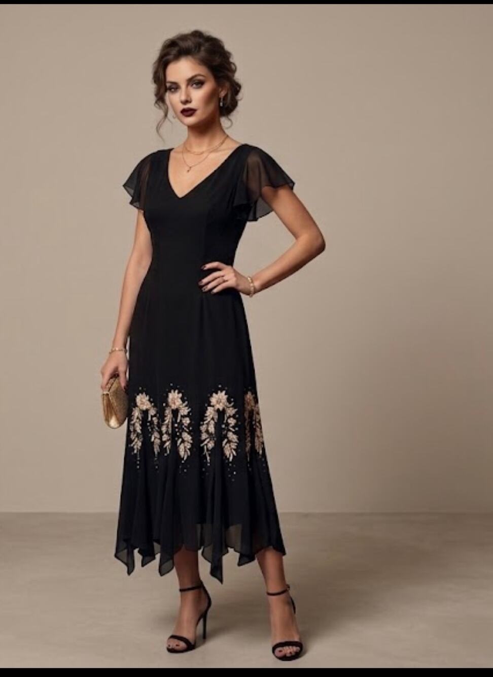 VTG S.L. Fashions Black Floral Embellished Dress Asymmetric Hem 14 Y2K Fairygrun